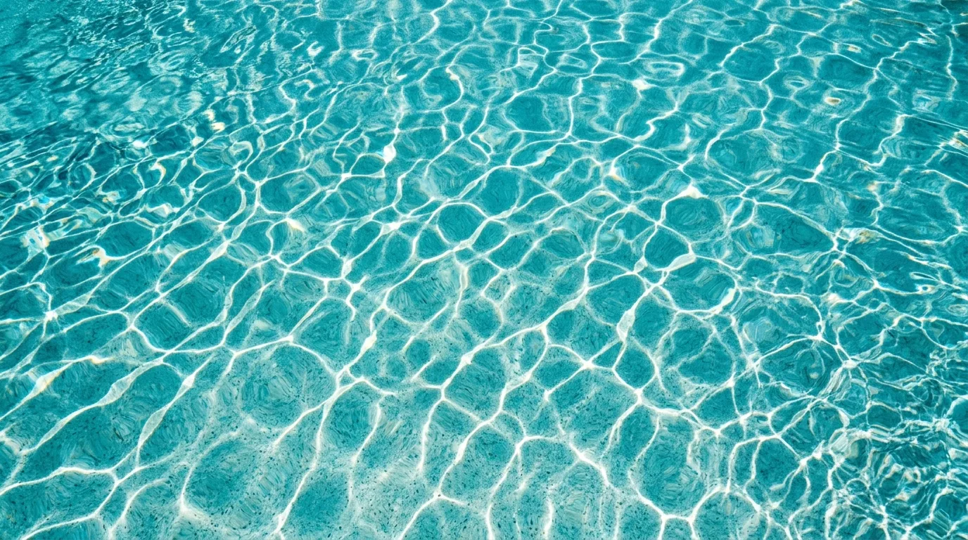 Sunlight caustics rippling across the pale plaster floor of a full swimming pool.