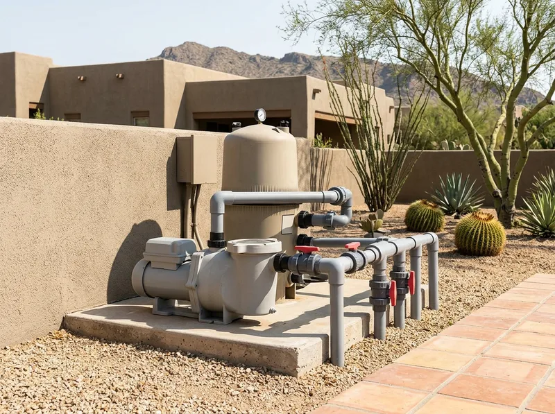 A cartridge filter with its pressure gauge beside a pool pump and PVC valve manifold on a concrete pad.