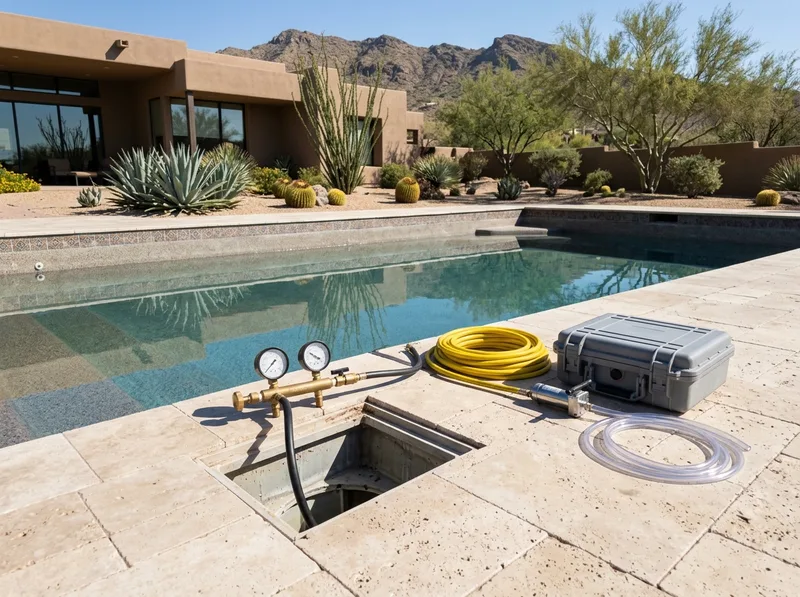 Pressure gauges on a manifold at an open skimmer, with a coiled hose and instrument case on the pool deck.