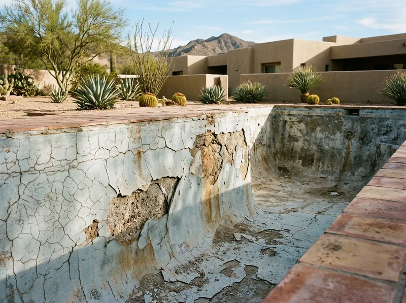 A drained pool with plaster cracked into a fine crazing pattern and flaking away in sheets, exposing rough substrate beneath.