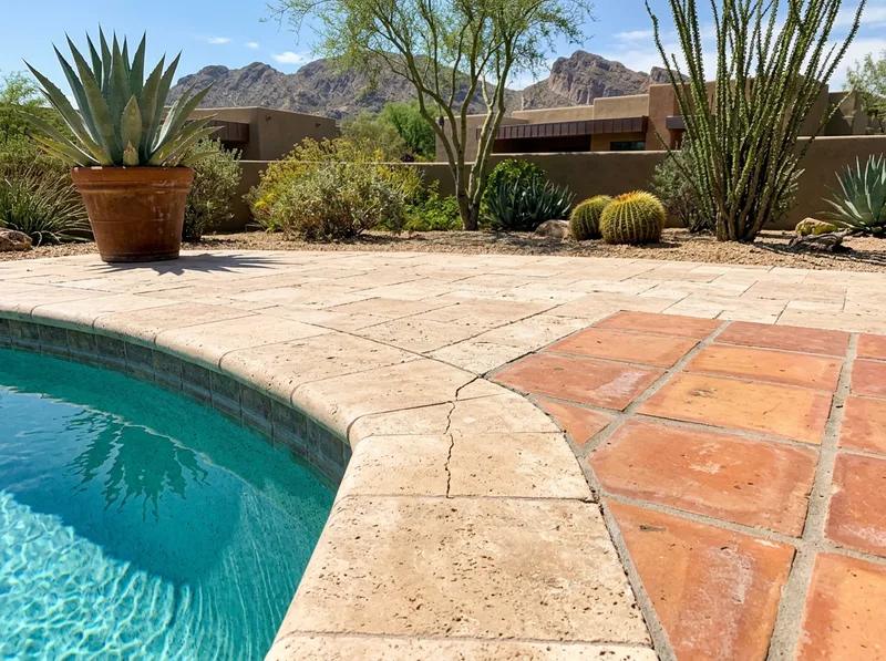 Travertine coping meeting terracotta deck tile, with a settlement crack running through the joint.