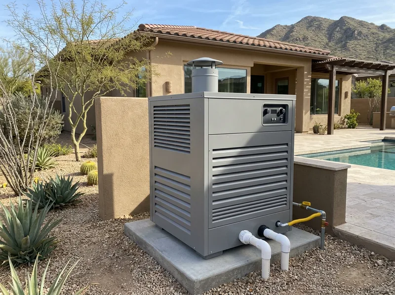 A plain grey louvred pool heater cabinet with a blank control panel, flue, gas line and PVC return pipes.