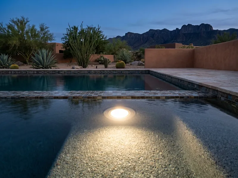 An underwater pool light glowing at blue hour beside a mosaic waterline and pebble interior.