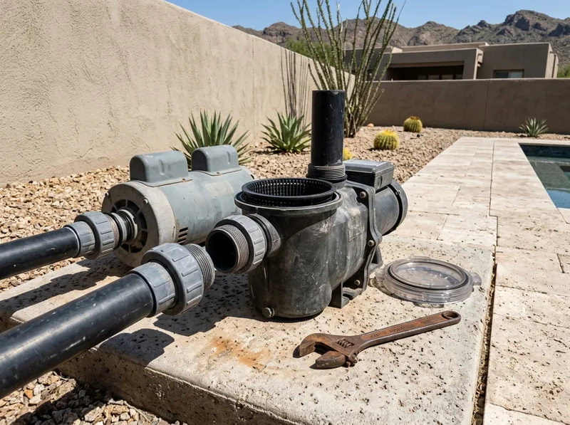 A pool pump wet end opened on a concrete pad with the strainer basket exposed and the clear lid set aside.