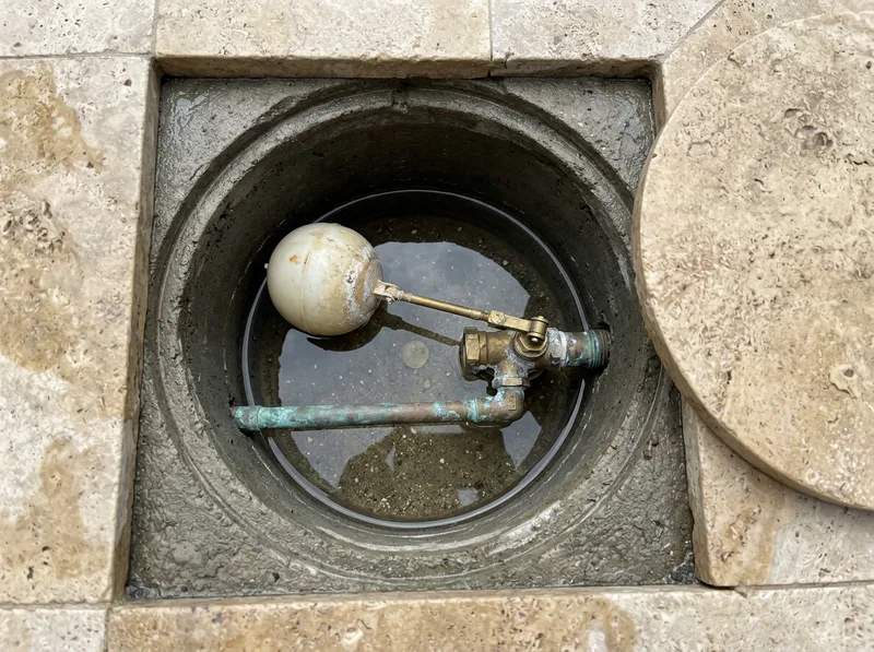 A pool autofill valve in its deck box, brass float valve and white float ball, the lid slid aside.
