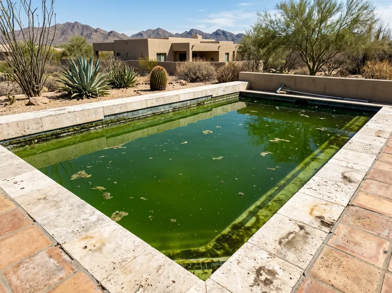 A neglected swimming pool with opaque green algae-clouded water and leaves across the surface.