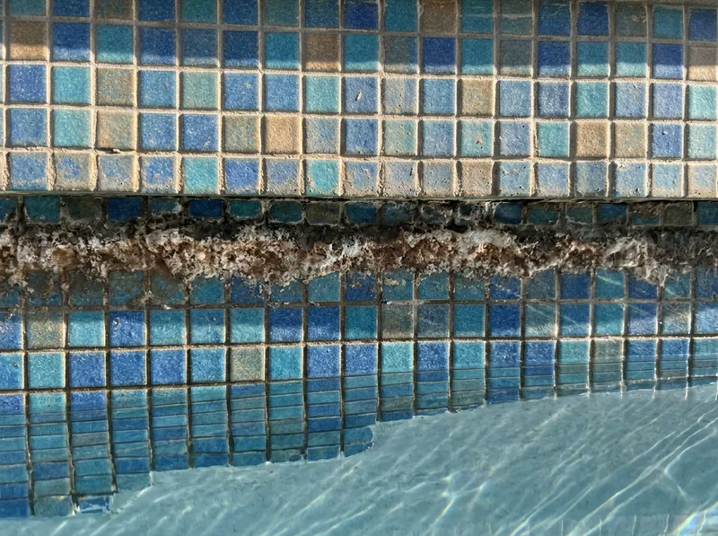 A pool water level dropped well below the skimmer opening, exposing a band of tile above the water.